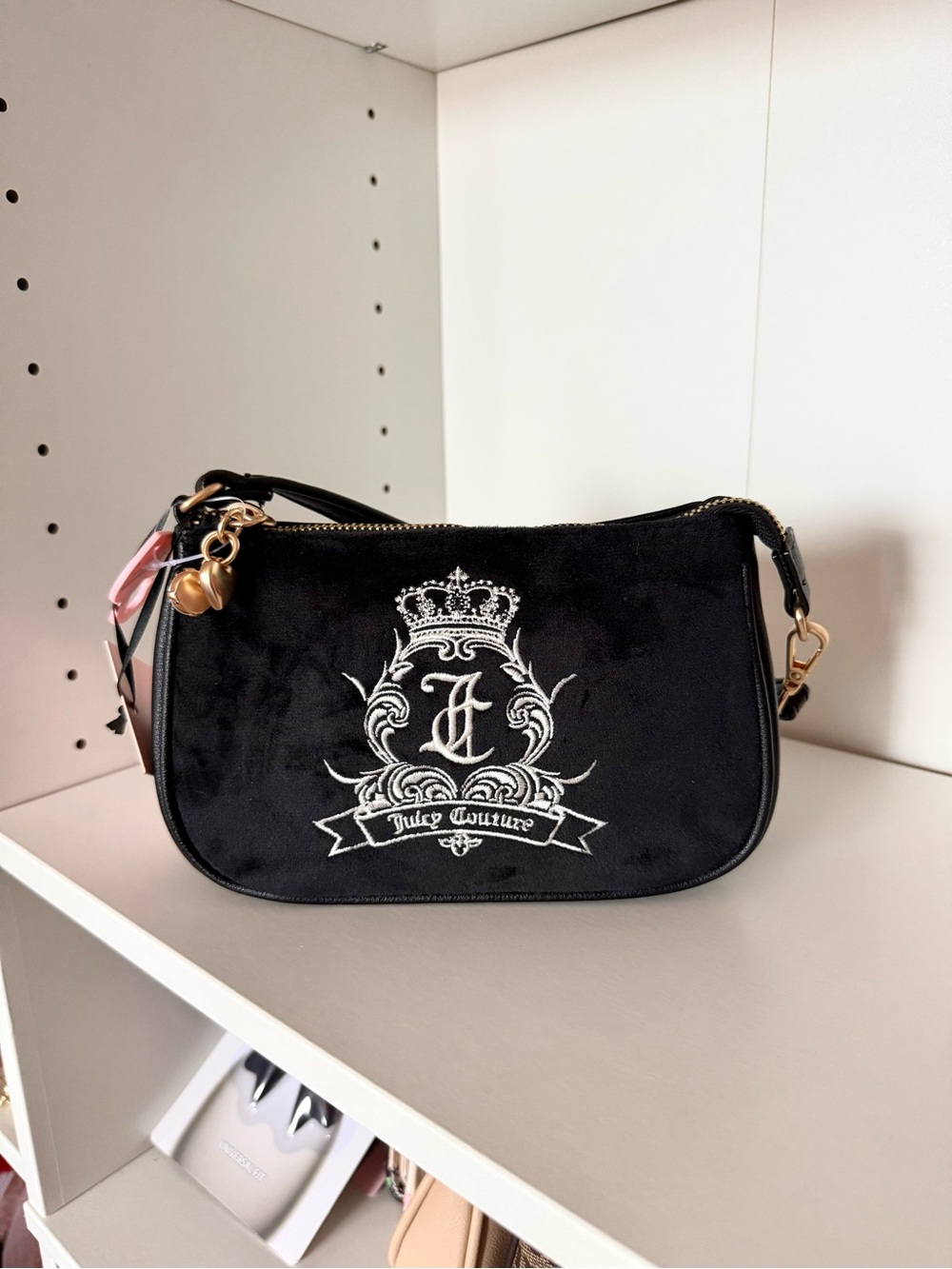 Juicy Couture “Need More Juicy” Velvet Mini Shoulder Bag with Crest Embroidery